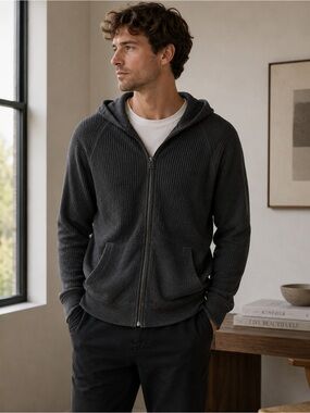 Theory Men's Charcoal Zip-Up Ribbed Hoodie Sweater